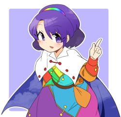 Rule 34 | 1girl, brown bag, cape, cloud print, commentary request, cowboy shot, dress, hairband, hand up, index finger raised, ini (inunabe00), long sleeves, looking at viewer, multicolored clothes, multicolored dress, open mouth, pouch, purple background, purple eyes, purple hair, short hair, smile, solo, tenkyuu chimata, touhou, white cape, zipper