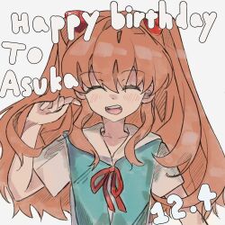 Rule 34 | 1girl, artist request, blue skirt, blush, brown hair, closed eyes, dated, english text, feet out of frame, hand in own hair, happy birthday, highres, interface headset, long hair, neck ribbon, neon genesis evangelion, open mouth, red ribbon, ribbon, school uniform, shirt, simple background, skirt, solo, souryuu asuka langley, suspender skirt, suspenders, tokyo-3 middle school uniform