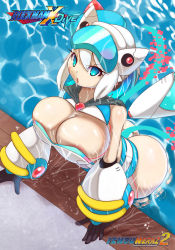 Rule 34 | 1girl, absurdres, android, areola slip, ass, blue eyes, breasts, cleavage, highres, huge breasts, ichduhernz, ico (megaman x dive), joints, mechanical arms, mega man (series), mega man x (series), mega man x dive, pool, robot, robot ears, robot girl, robot joints, tagme, wet, white hair