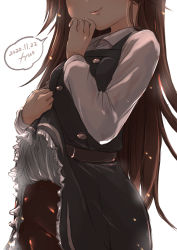 Rule 34 | 1girl, arashio (kancolle), artist name, black pantyhose, brown eyes, brown hair, clothes lift, commentary request, cowboy shot, dated, dress, dress lift, frilled dress, frills, fyuo, head out of frame, highres, kantai collection, lifting own clothes, long hair, no panties, pantyhose, pinafore dress, shirt, simple background, sleeveless dress, smile, solo, speech bubble, standing, white background, white shirt