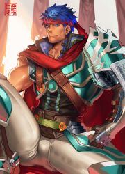 Rule 34 | 1boy, armor, bara, blue eyes, blue hair, bulge, cape, collarbone, feet out of frame, fingerless gloves, fire emblem, gloves, headband, highres, ike (fire emblem), leg up, looking at viewer, male focus, muscular, na insoo, nintendo, paid reward available, pants, pauldrons, red cape, revision, shoulder armor, single pauldron, sitting, solo, thick thighs, thighs, tight clothes, tight pants, white pants