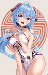 Rule 34 | 1girl, ahoge, bare arms, bare shoulders, blue hair, blush, breasts, china dress, chinese clothes, clothing cutout, collarbone, cowboy shot, crossed bangs, cup, dress, ganyu (genshin impact), genshin impact, highres, large breasts, long hair, looking at viewer, navel, navel cutout, open mouth, purple eyes, raurashun, side slit, sleeveless, smile, solo, thighs
