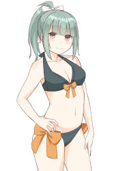 Rule 34 | 1girl, bikini, black bikini, blunt bangs, breasts, brown eyes, cleavage, contrapposto, front-tie top, green hair, hair ribbon, hand on own hip, highres, kantai collection, long hair, medium breasts, ponytail, ribbon, side-tie bikini bottom, simple background, smile, soba (sobaya1938), solo, swimsuit, white background, white ribbon, yuubari (kancolle), yuubari kai ni (kancolle)