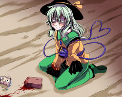 Rule 34 | 1girl, blood, blood on face, blood on clothes, blush, brick, collarbone, closed eyes, green hair, grin, hat, heart, heart of string, komeiji koishi, kuon846, kuon yashiro, long sleeves, mask, smile, solo, third eye, touhou, wide sleeves