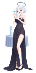 Rule 34 | 1girl, ^ ^, absurdres, alternate costume, bare shoulders, black dress, black footwear, blue archive, blush, breasts, closed eyes, cocktail glass, collarbone, commentary, cup, dress, drinking glass, full body, grey hair, halo, high heels, highres, holding, holding cup, large breasts, noa (blue archive), sidelocks, simple background, smile, solo, soo ou, white background