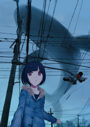 Rule 34 | 1girl, absurdres, black hair, blue coat, blue sky, blunt bangs, cityscape, cloud, coat, collarbone, commentary, flying whale, fur-trimmed coat, fur trim, highres, nishikino kee, original, outdoors, red eyes, sky, traffic light, upper body, urban, utility pole, whale