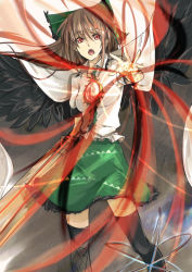 Rule 34 | 1girl, bad id, bad pixiv id, bird wings, black hair, bow, cape, cibo (killy), hair bow, long hair, looking at viewer, open mouth, red eyes, reiuji utsuho, solo, third eye, touhou, wings