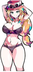 Rule 34 | 1girl, absurdres, alternate breast size, armpits, arms behind head, arms up, black bra, black panties, blonde hair, bow, bow bra, bow panties, bra, breasts, cleavage, creatures (company), enpe, eyewear on head, feet out of frame, game freak, green eyes, hat, highres, lace, lace-trimmed bra, lace-trimmed panties, lace trim, large breasts, long hair, looking at viewer, low-tied long hair, midriff, navel, nintendo, panties, pokemon, pokemon xy, red hat, serena (pokemon), simple background, smile, stomach, sunglasses, thick thighs, thighs, toned, underwear, white background