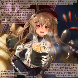 Rule 34 | 1girl, black hat, black legwear, black skirt, brown eyes, colored pencil (medium), commentary request, dated, food, gloves, hat, heterochromia, holding, kantai collection, kirisawa juuzou, light brown hair, long hair, murasame (kancolle), numbered, pleated skirt, red eyes, skirt, solo, traditional media, translation request, twitter username, white gloves