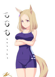 Rule 34 | 1girl, animal ears, blonde hair, blue one-piece swimsuit, commentary request, competition school swimsuit, covered navel, cowboy shot, crossed arms, highres, horse ears, horse girl, horse tail, narita top road (umamusume), one-piece swimsuit, pout, red eyes, school swimsuit, school uniform, short hair, solo, swimsuit, t2r, tail, thigh gap, tracen school uniform, tracen swimsuit, umamusume