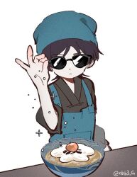 Rule 34 | 1boy, alternate costume, apron, artist name, black shirt, blue apron, blue headwear, blue scarf, blunt ends, bowl, closed mouth, food, fried egg, genshin impact, hand up, head scarf, male focus, meme, nbb3, pale skin, parted bangs, pocket, purple hair, salt bae (meme), scaramouche (genshin impact), scarf, shirt, short hair, short sleeves, simple background, solo, soup, sparkle, standing, sunglasses, table, v-shaped eyebrows, white background