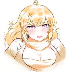 Rule 34 | 1girl, blonde hair, breasts, cleavage, crying, crying with eyes open, female focus, highres, large breasts, long hair, ndgd, purple eyes, rwby, sad, solo, tears, yang xiao long