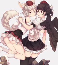 Rule 34 | 2girls, animal ears, ass, bad id, bad pixiv id, bare shoulders, black hair, black skirt, black socks, black wings, blush, closed mouth, detached sleeves, feathered wings, frilled skirt, frills, from behind, geta, hat, highres, inubashiri momiji, kneehighs, kneepits, long hair, long sleeves, looking at viewer, looking back, miniskirt, multiple girls, petticoat, pointy ears, pom pom (clothes), puffy short sleeves, puffy sleeves, red eyes, red hat, red ribbon, ribbon, ribbon-trimmed sleeves, ribbon trim, shameimaru aya, shirt, short hair, short sleeves, silver hair, skirt, smile, socks, tail, thighhighs, tokin hat, touhou, upskirt, white legwear, white shirt, wings, wolf ears, wolf tail, yuusei tsukiro, zettai ryouiki