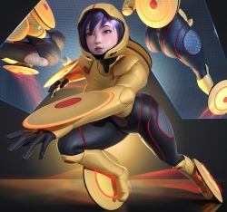 Rule 34 | 1girl, 3d, absurdres, armor, asian, ass, bad id, bad twitter id, big hero 6, black bodysuit, black hair, bodysuit, breasts, brown eyes, commission, disney, gogo tomago, helmet, highres, huge ass, large breasts, looking at viewer, looking down, marvel, multicolored hair, multiple views, popogori, purple eyes, purple hair, running, shield, solo, thick thighs, thighs, tight clothes, two-tone hair