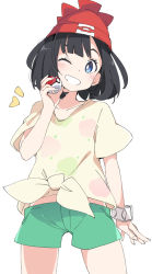 Rule 34 | 1girl, ;), beanie, black hair, blue eyes, creatures (company), game freak, green shorts, hand up, hat, holding, holding poke ball, ixy, midriff, nintendo, one eye closed, poke ball, poke ball (basic), pokemon, pokemon sm, red hat, selene (pokemon), shirt, short hair, short sleeves, shorts, simple background, smile, solo, tied shirt, white background, yellow shirt