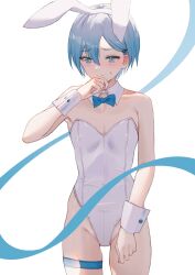 Rule 34 | 1girl, animal ears, blue bow, blue bowtie, blue eyes, blue hair, bow, bowtie, breasts, detached collar, highres, leotard, nagi (pickles pipipi), original, playboy bunny, rabbit ears, short hair, simple background, small breasts, solo, standing, strapless, strapless leotard, thigh strap, white background, white leotard, wrist cuffs