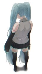 Rule 34 | 1girl, aqua eyes, aqua hair, bad id, bad twitter id, bare shoulders, black skirt, black sleeves, black thighhighs, boots, detached sleeves, dripping, from above, from behind, full body, glitch, grey shirt, hatsune miku, ikura (user uuyj7743), long hair, miniskirt, pleated skirt, shirt, shoulder tattoo, skirt, sleeveless, sleeveless shirt, sleeves past fingers, sleeves past wrists, solo, standing, tattoo, thigh boots, thighhighs, twintails, very long hair, vocaloid, white background, zettai ryouiki