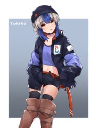 Rule 34 | 1girl, :p, adapted costume, belt, black choker, black hat, black shorts, black thighhighs, blue hair, blue jacket, boots, character name, choker, crop top, gunsou1350, hat, highres, jacket, long sleeves, looking at viewer, midriff, multicolored hair, navel, open clothes, open jacket, orange eyes, shirt, short shorts, shorts, solo, thigh boots, thighhighs, tokiko (touhou), tongue, tongue out, touhou