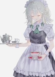 Rule 34 | 1girl, apron, bow, braid, buttons, closed eyes, collared dress, commentary request, cowboy shot, cup, dress, flipped hair, frilled apron, frills, green bow, green nails, green neckwear, grey background, hair between eyes, hair bow, hand up, highres, holding, holding plate, holding tray, izayoi sakuya, maid headdress, nail polish, open mouth, piyo (sqn2idm751), plate, puffy short sleeves, puffy sleeves, reflection, saucer, short hair, short sleeves, silver hair, simple background, solo, tea, teacup, teapot, touhou, tray, twin braids, waist apron, white apron, wrist cuffs