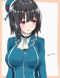 Rule 34 | 1girl, beret, black hair, breasts, hat, highres, kantai collection, large breasts, looking to the side, military, military uniform, red eyes, saplus, short hair, smile, solo, takao (kancolle), twitter username, uniform, upper body