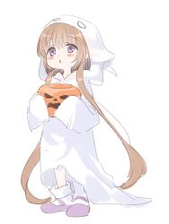 Rule 34 | 1girl, absurdres, alternate costume, blush stickers, brown hair, chipochopo324, commentary request, diamond mouth, food, full body, ghost costume, highres, holding, holding food, holding pumpkin, holding vegetable, hood, hood up, jack-o&#039;-lantern, long hair, looking up, loose socks, low twintails, mary janes, open mouth, pumpkin, purple eyes, purple footwear, raised eyebrows, shoes, simple background, sleeves past fingers, sleeves past wrists, socks, solo, trick-or-treating, tsukuyomi ai, twintails, vegetable, very long hair, voiceroid, white background, white socks
