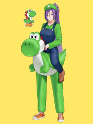 Rule 34 | 1girl, absurdres, aroevela, blue overalls, brown footwear, commentary, cosplay, flat cap, full body, green headwear, hat, highres, long hair, looking at viewer, luigi, luigi (cosplay), mario (series), meira (touhou), nintendo, overalls, ponytail, purple hair, signature, simple background, symbol-only commentary, touhou, touhou (pc-98), yellow background, yoshi