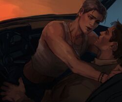 Rule 34 | 2boys, aged down, boy on top, brown hair, car interior, castiel, coat, couple, cowboy shot, dean winchester, eye contact, face-to-face, hand on another&#039;s leg, highres, imminent kiss, jewelry, looking at another, male focus, midriff peek, multiple boys, necklace, pectoral cleavage, pectorals, rozavay, shirt, short hair, sitting, straddling, supernatural (tv series), tank top, tight clothes, tight shirt, time paradox, trench coat, upright straddle, white tank top, yaoi