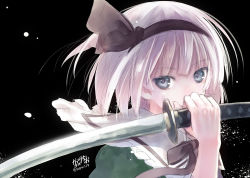 Rule 34 | 1girl, bad id, bad pixiv id, black background, blue eyes, capriccio, covering own mouth, hair ribbon, hibanar, konpaku youmu, light particles, looking at viewer, ribbon, signature, simple background, sketch, solo, sword, touhou, twitter username, upper body, weapon, white hair