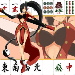 Rule 34 | 1girl, absolute, arc system works, bare shoulders, black bra, black hair, blazblue, blazblue: calamity trigger, board game, body blush, bra, breasts, china dress, chinese clothes, cleavage, dress, female focus, glasses, highres, huge breasts, lao jiu, large breasts, legs, lingerie, litchi faye ling, long hair, long legs, mahjong, pepo (absolute1123), ponytail, red eyes, solo, staff, thighs, underwear, yin yang, zoom layer