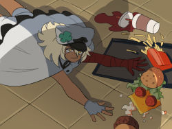 Rule 34 | 1girl, apu spills his tendies (meme), arc system works, burger, clover, dark-skinned female, dark skin, food, four-leaf clover, goldlewis dickinson, guilty gear, guilty gear strive, hat, highres, looking at another, looking at viewer, meme, ramlethal valentine, spill, tears, tina fate, tomato, tomato slice, wavy mouth, yellow eyes