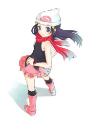 Rule 34 | 1girl, beanie, blue eyes, blue hair, boots, creatures (company), dawn (pokemon), full body, game freak, hat, long hair, looking up, matching hair/eyes, nintendo, pink footwear, pokemon, red scarf, scarf, simple background, skirt, solo, standing, white background