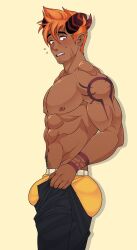 Rule 34 | 1boy, abs, absurdres, ass, bara, barbell piercing, blush, bulge, bulge lift, check copyright, copyright request, curled horns, dark-skinned male, dark skin, demon boy, demon horns, dressing, facial hair, feet out of frame, from side, goatee, hair between eyes, highres, horns, i&#039;ve never seen a guy recreate this successfully tbh (meme), looking at viewer, male focus, male underwear, meme, mrmrfoxhound (voice actor), muscular, muscular male, navel hair, nipples, open pants, original, pants, pants lift, pectorals, piercing, pointy ears, short hair, shoulder tattoo, solo, stomach, stubble, sweatdrop, tattoo, topless male, undersized clothes, underwear, yellow male underwear