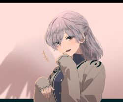 Rule 34 | +++, 1girl, beige jacket, braid, covering own mouth, dress, feathered wings, grey wings, irohasu (sasagarasu), jacket, kishin sagume, laughing, letterboxed, looking at viewer, open mouth, purple dress, purple skirt, red eyes, single wing, skirt, smile, solo, suit jacket, touhou, white hair, wings