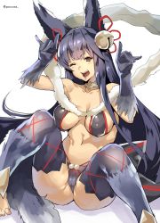 Rule 34 | 10s, 1girl, ;d, animal ears, ass, bare shoulders, barefoot, bell, black gloves, black hair, black thighhighs, blush, breasts, brown eyes, cameltoe, cleft of venus, erune, fox ears, fox shadow puppet, fox tail, gloves, granblue fantasy, hair bell, hair ornament, highres, knees up, long hair, looking at viewer, m/, navel, one eye closed, open mouth, pokkora, sitting, smile, solo, tail, teeth, thighhighs, twitter username, yuel (granblue fantasy)