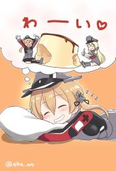 Rule 34 | 2girls, ^ ^, ahenn, bare shoulders, bismarck (kancolle), black skirt, blonde hair, closed eyes, detached sleeves, dreaming, eating, food, gloves, grey legwear, hair between eyes, hat, holding, holding spoon, kantai collection, long hair, long sleeves, low twintails, military, military hat, military uniform, multiple girls, open mouth, orange background, peaked cap, pleated skirt, prinz eugen (kancolle), pudding, simple background, skirt, smile, spoon, thighhighs, twintails, twitter username, uniform, white gloves, zzz