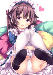 Rule 34 | 1girl, ass, black footwear, blue dress, blush, brown hair, commentary request, dress, frills, highres, knees together feet apart, legs up, long hair, looking at viewer, maid, maid headdress, mary janes, open mouth, original, panties, puffy short sleeves, puffy sleeves, red eyes, ryo (botugo), shoe soles, shoes, short sleeves, sitting, skirt, smile, solo, thighhighs, two side up, underwear, white panties, white thighhighs