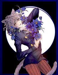 Rule 34 | 1girl, androgynous, animal ears, breasts, cat ears, cat girl, cat tail, curly hair, feet out of frame, flower, flower request, hh human5, highres, hunter x hunter, leaning back, long sleeves, looking at viewer, neferpitou, purple flower, red eyes, short hair, simple background, smile, solo, tail, two-tone background, white hair