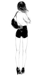 Rule 34 | 1girl, bag, black hair, crossed arms, from behind, full body, greyscale, handbag, highres, kneepits, long hair, monochrome, original, shorts, simple background, solo, sousou (sousouworks), white background
