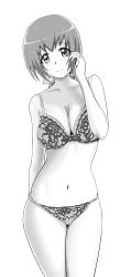 Rule 34 | 1girl, absurdres, bakusai, bare shoulders, bra, breasts, cleavage, closed mouth, collarbone, cowboy shot, greyscale, hand up, highres, hoshizora ikuyo, medium breasts, monochrome, navel, panties, precure, print bra, print panties, simple background, smile, smile precure!, solo, standing, stomach, tareme, thighs, underwear, underwear only, white background