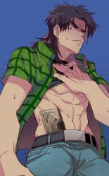 Rule 34 | 1boy, abs, absurdres, banknote, belt, black belt, black hair, black shirt, blue background, blue pants, closed mouth, clothes lift, commentary request, cowboy shot, frown, green shirt, highres, inudori, itou kaiji, kaiji, lifted by self, long hair, looking down, male focus, medium bangs, money, navel, pants, parted bangs, plaid, plaid shirt, scar, scar on hand, shirt, shirt lift, short sleeves, simple background, solo, toned, toned male, tucked money