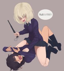 Rule 34 | 2girls, andou (girls und panzer), attack, baton (weapon), bc freedom school uniform, black hair, black skirt, black socks, blonde hair, blood, blue eyes, blue necktie, blue sweater, commentary request, constricted pupils, covering face, crazy eyes, crazy smile, dark-skinned female, dark skin, dress shirt, frown, girls und panzer, grey background, highres, holding, holding weapon, kneeling, lying, medium hair, messy hair, miniskirt, mt totemo tuyoi, multiple girls, necktie, on back, open mouth, oshida (girls und panzer), partial commentary, pleated skirt, sadism, school uniform, shirt, simple background, skirt, smile, socks, straddling, sweat, sweater, translation request, weapon, white shirt, wing collar