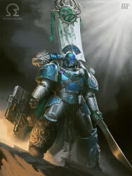 1boy adeptus_astartes alpha_legion alpha_symbol armor armored_boots artist_logo artist_name banner battle_standard blue_armor boots breastplate chain cloak commentary commission dragon_ornament elijah_arhpriest english_commentary explosive full_armor gem greaves green_cloak grenade grey_armor grey_sky helmet highres holding_bolter holding_machete logo male_focus omega_symbol on_rock orange_light pauldrons pelvic_curtain purple_gemstone roman_numeral science_fiction shoulder_armor skull_ornament sky sunlight war_banner warhammer_40k