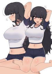 Rule 34 | 1girl, :d, arms behind head, bags under eyes, barefoot, black hair, blush, breasts, commentary request, flying sweatdrops, highres, korean commentary, long hair, looking at viewer, midriff, multiple views, nakta, navel, open mouth, original, red eyes, shorts, sitting, smile, wariza