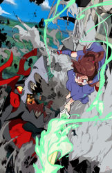 Rule 34 | 10s, 1girl, :d, battle, blue dress, dress, electricity, explosion, flying, full body, highres, kagari atsuko, little witch academia, monster, open mouth, outdoors, overlord jc, smile, smoke, torch