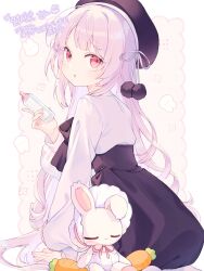 Rule 34 | 1girl, animal ears, arm support, baby bottle, beret, black skirt, blush, bottle, bow, carrot, commission, from behind, hair ribbon, hat, high-waist skirt, highres, holding, komomo (2899), long hair, long sleeves, looking at viewer, looking back, original, parted lips, pink hair, puffy long sleeves, puffy sleeves, rabbit, rabbit ears, red eyes, ribbon, seiza, shirt, signature, sitting, skeb commission, skirt, solo, stuffed animal, stuffed rabbit, stuffed toy, very long hair, white shirt