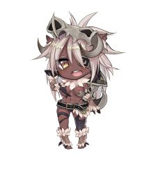 Rule 34 | 1girl, :d, absurdres, asymmetrical clothes, asymmetrical pasties, asymmetrical top, axe, barefoot, belt, black panties, blush, caleana, chibi, commentary, commentary request, commission, detached sleeves, english commentary, eyepatch, fang, female orc, gluteal fold, grey hair, high orc (monster girl encyclopedia), highres, holding, holding weapon, horns, long sleeves, looking at viewer, monster girl encyclopedia, navel, open mouth, orc, panties, revealing clothes, signature, simple background, skull, smile, solo, standing, toeless legwear, underwear, weapon, white background