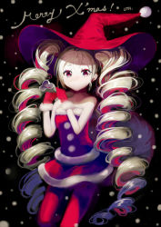 Rule 34 | 1girl, bare shoulders, cowboy shot, drill hair, fur trim, gloves, hat, isaki uta, long hair, merry christmas, original, pantyhose, red eyes, red gloves, sack, santa costume, smile, snowing, solo, twin drills, very long hair, witch, witch hat