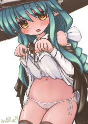 Rule 34 | 1girl, aqua hair, artist name, bare shoulders, black hat, black vest, blush, bow, bow panties, braid, clothes lift, clothing cutout, collared shirt, cowboy shot, dated, embarrassed, female focus, hair ribbon, hands up, hat, have to pee, highres, lifted by self, long hair, long sleeves, looking at viewer, navel, orange eyes, original, panties, pointy ears, ribbon, shiny skin, shirt, shirt lift, shoulder cutout, side-tie panties, sidelocks, signature, simple background, solo, standing, stomach, sweat, thighhighs, thighs, ugogogesik, underwear, vest, white background, white panties, white ribbon, white shirt, witch, witch hat