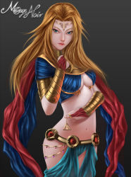 Rule 34 | 1girl, aria ighaan, bandages, blonde hair, cape, egyptian, gold, hair ornament, highres, jewelry, lots of jewelry, mirage noir, solo