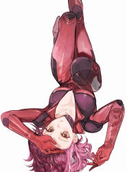 Rule 34 | 1girl, absurdres, bodysuit, breasts, brown eyes, cleavage, collarbone, helmet, highres, izayoi aki, long hair, looking at viewer, lying, medium breasts, naoki (2rzmcaizerails6), on back, parted lips, pilot suit, pink hair, red bodysuit, simple background, solo, white background, yu-gi-oh!, yu-gi-oh! 5d&#039;s